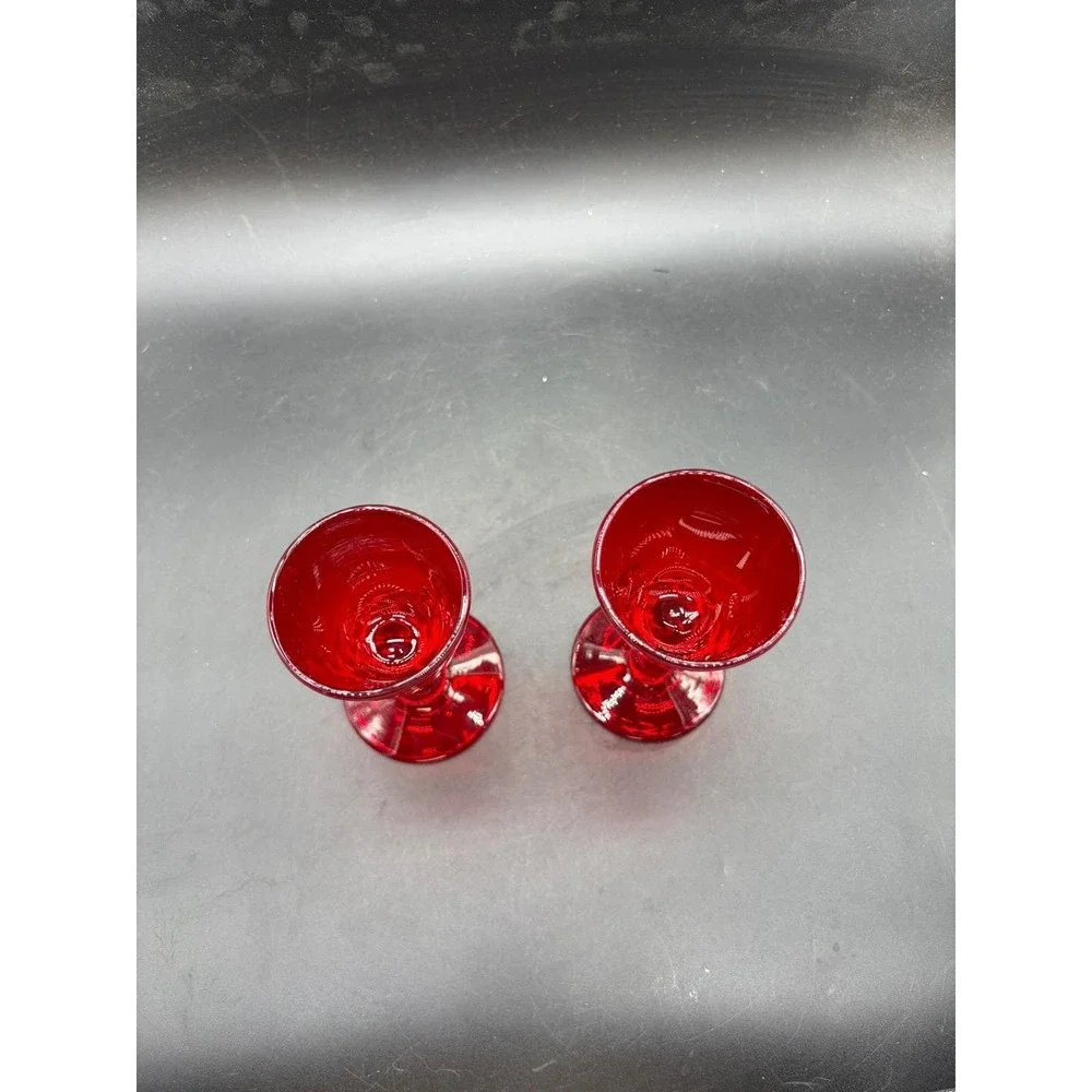 Vintage Ruby Red Glass Cordial Glasses Stemmed Liqueur Set of 2 Red 4.5 Inch